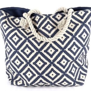 Summer & Rose Navy and Cream Geometric Rope-Handle Tote Bag
